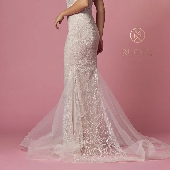 NEW LONG SLEEVELESS WEDDING MERMAID DRESS EMBROIDERED WITH FLORAL LACE NX JW909